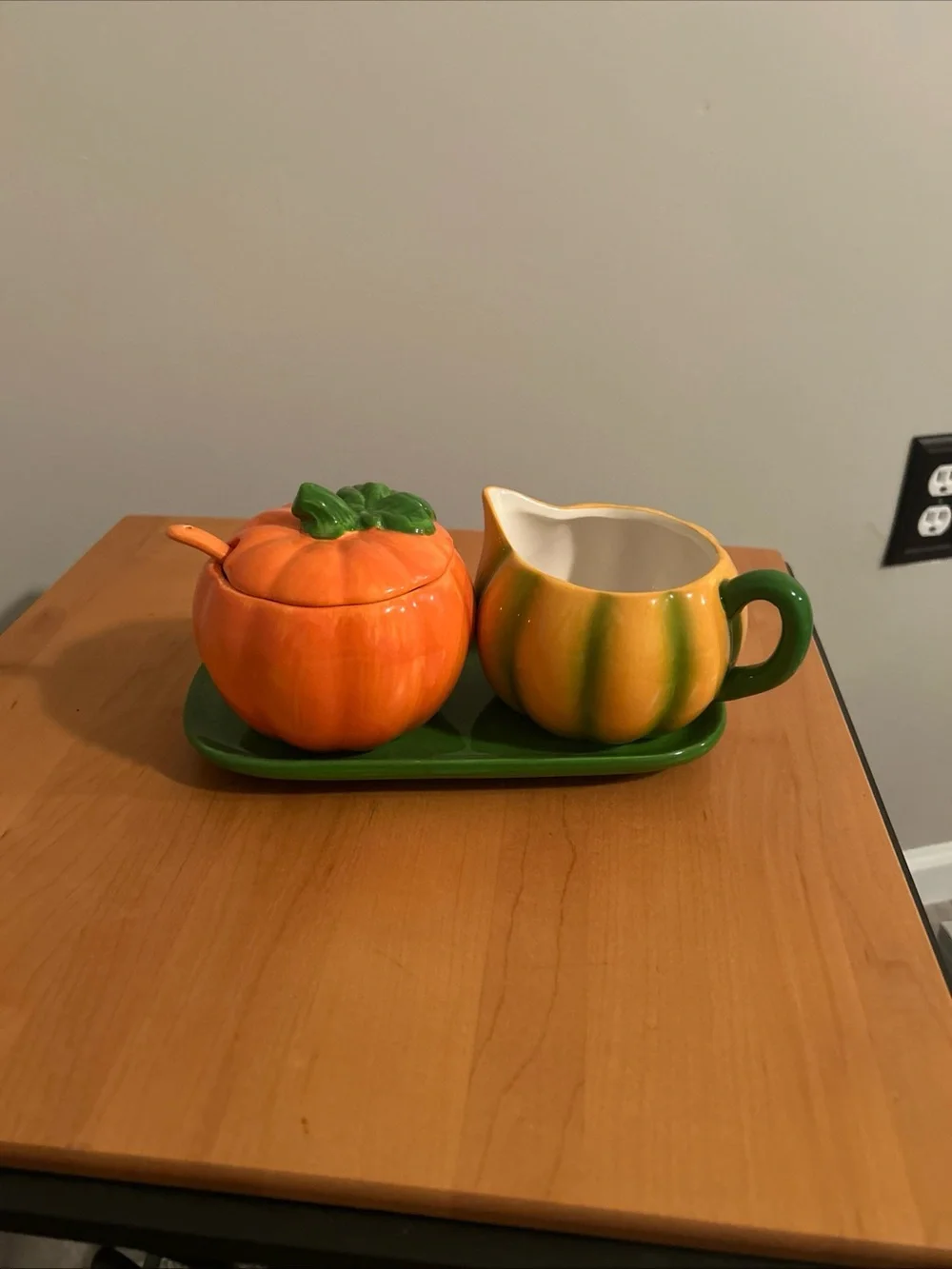 Festive Pumpkin Sugar Bowl and Creamer Set - Orange & Green
